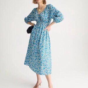 J. Crew Womens V-Neck Floral Midi Dress Size S Blue Blooms Smocked Cottagecore